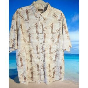 FLY FISHING PRINT SHORT SLEEVE BUTTON UP HAWAIIAN SHIRT SZ LG BEIGE BROWN WHITE
